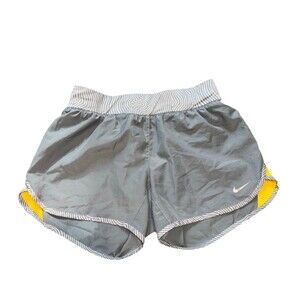 Nike Dri Fit Womens Athletic Shorts - Grey Swirl & Yellow - Sz L - 4in inseam